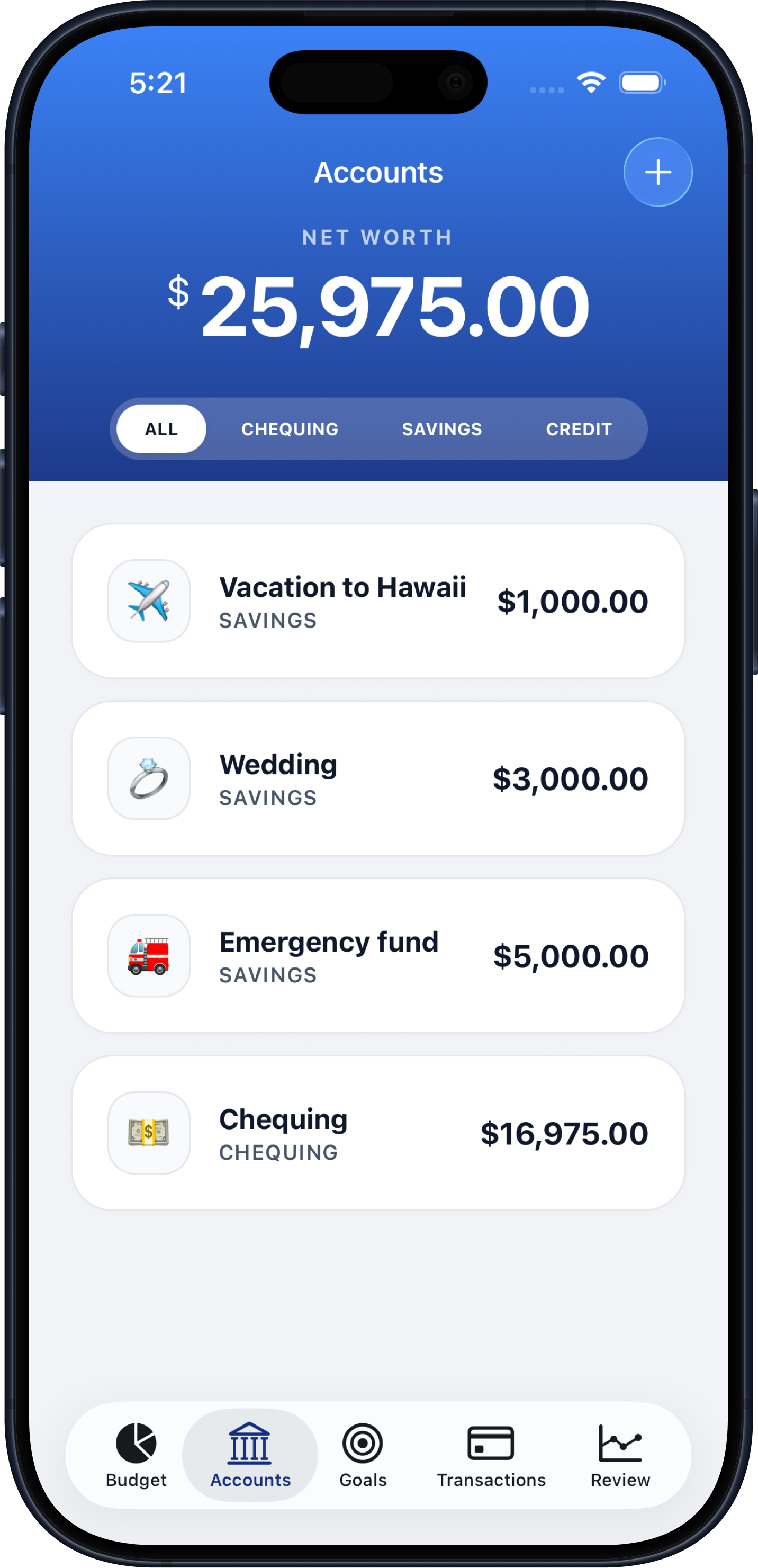 Budgeteer accounts screen showing account balances.