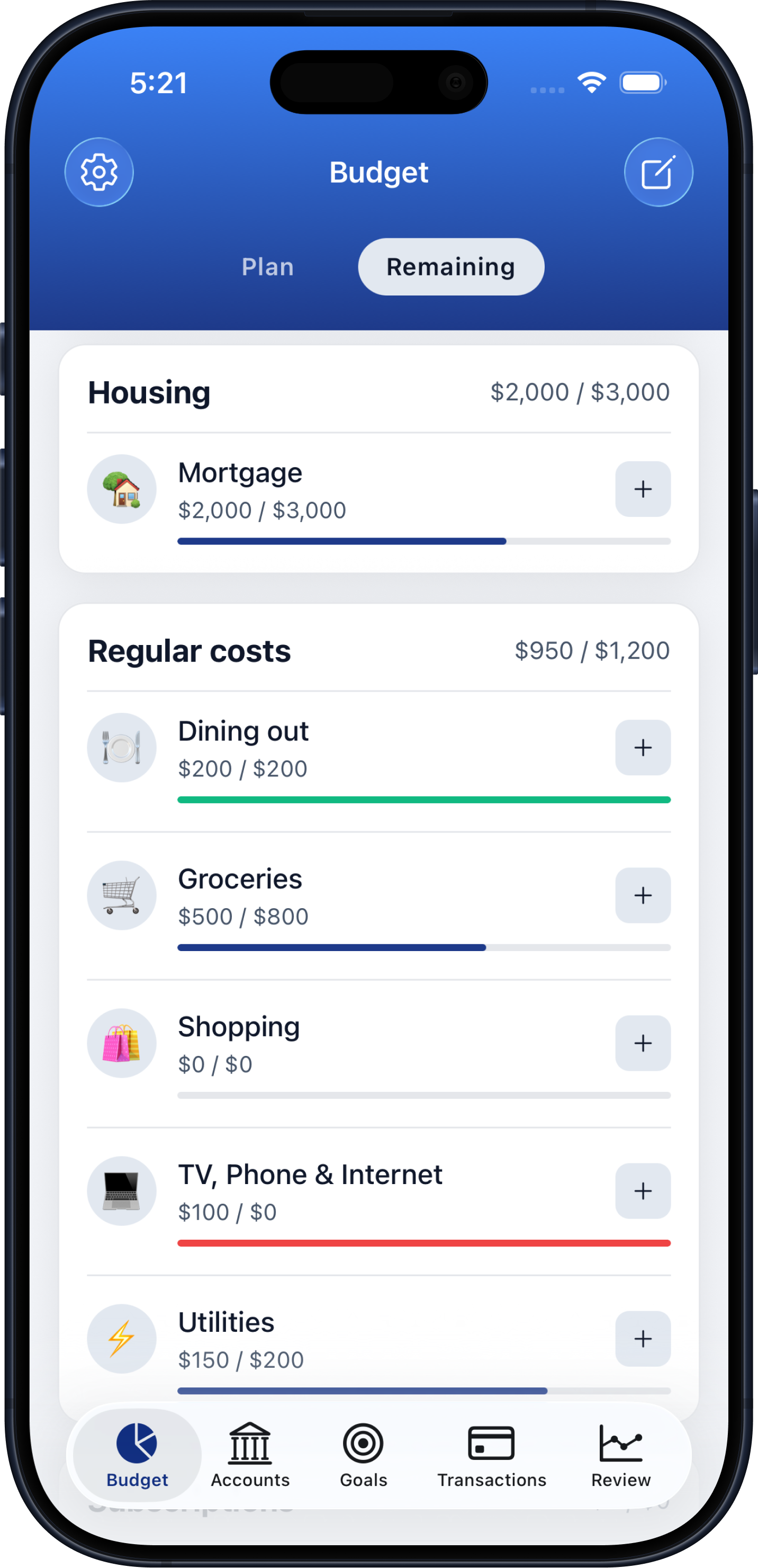 Budgeteer app preview showing a monthly budget, balance, goals, and budget check.