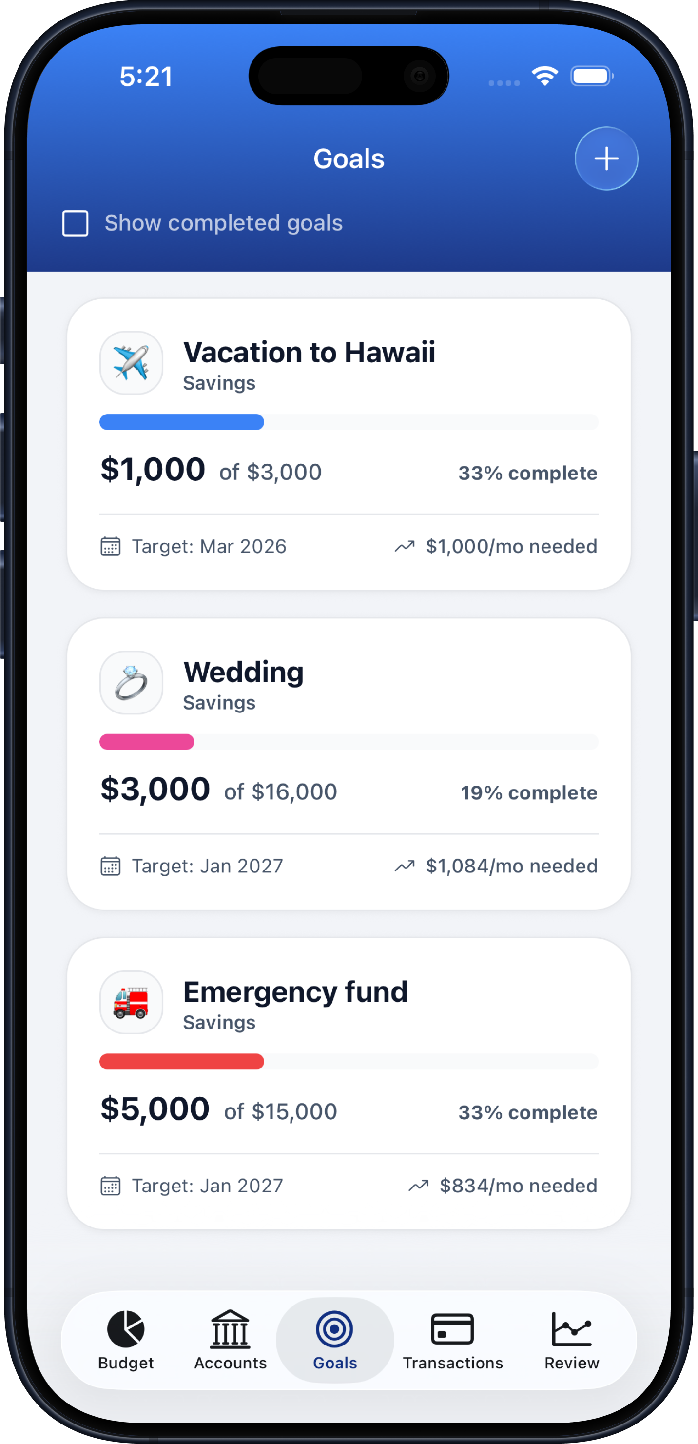Budgeteer goals screen showing savings goals and progress.