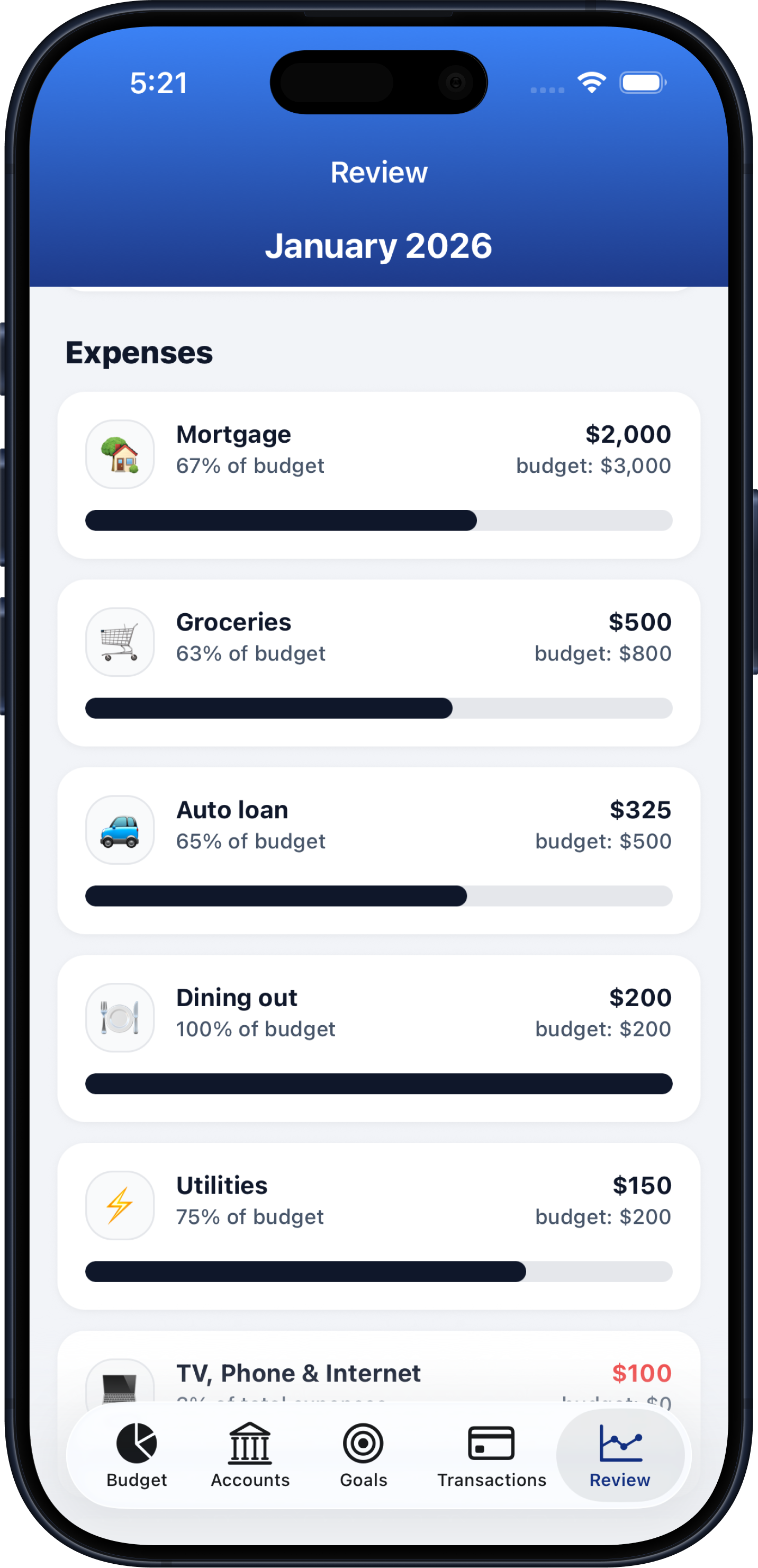 Budgeteer review screen showing financial trends and spending insights.